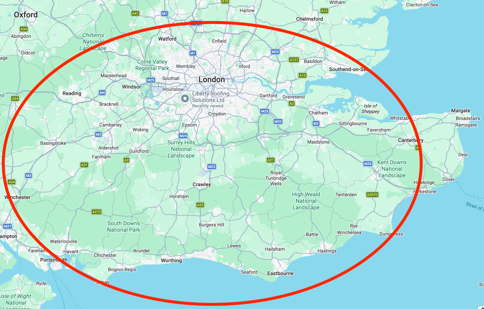 Map showing our flat roof repair service area across London and South England
